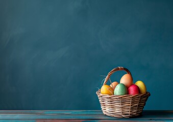 Easter Eggs in a Basket on a Blue Background