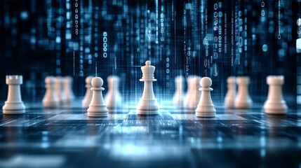 A digital illustration of a futuristic chess game with holographic pieces.