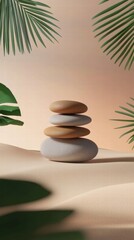 Obraz premium Tranquil harmony stacked stones on sand with gentle green accents