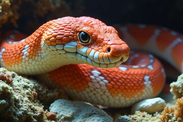 Obraz premium Orange and White Snake in Rocky Habitat