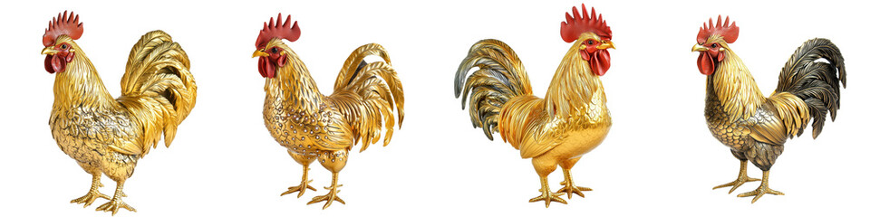 Chinese New Year, Lunar snake year. Four colorful roosters standing in a row, showcasing unique feather patterns and vibrant colors.