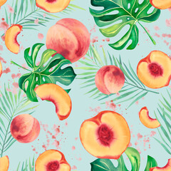 Peach fruit and tropical monstera leaves. Seamless pattern. Watercolor illustration on a blue background, hand-painted. Juicy tropical fruits. A clipart for printing on fabric, creating a booklet.