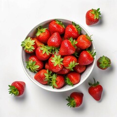 strawberries in bowl , Isolated white background, flat lay
