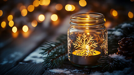DIY candle holder in mason jar with snowflake design, glowing warmly