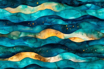 Obraz premium A serene, dreamlike landscape featuring abstract mountain shapes in muted blues, greens, and browns
