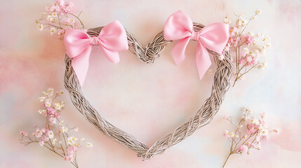 DIY heart wreath with pink bows and delicate flowers, perfect for decor