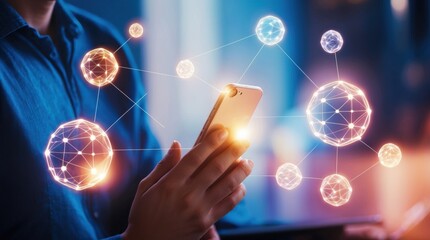 Fototapeta premium Connecting digital networks with mobile devices urban setting technology imagery nighttime environment creative concept