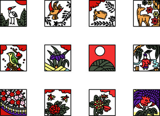 12種類のカラーミニ正方形花札アイコンセット