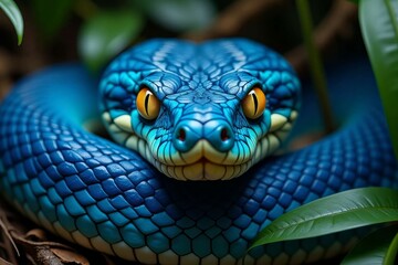 Fototapeta premium Vibrant Blue Snake Close Up In Lush Green Foliage