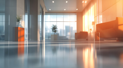 Fototapeta premium A modern office lobby bathed in warm sunlight with clean floors reflecting light, featuring plants, large windows, and minimal furniture. .