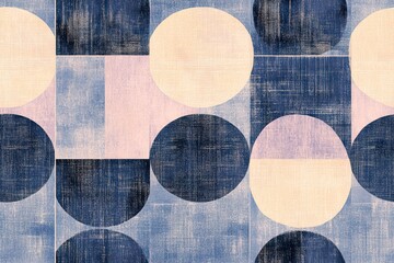 A geometric pattern featuring overlapping circles, squares, and triangles in muted pastel shades