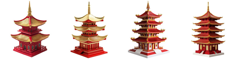 Chinese New Year, Lunar snake year. Colorful pagodas with intricate designs arranged in a row.