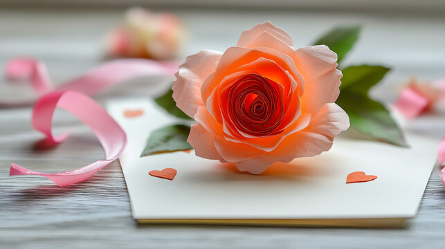 Handmade Valentine pop up card featuring 3D rose and hearts