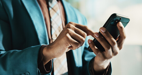 Businessman, smartphone and hands for typing as connection, network and communication in office. Male person, mobile technology and contact for online, email and internet as investment banker in firm