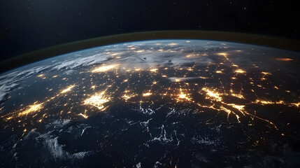 Obraz premium Detailed satellite view of Europe at night, illuminated by city lights, with a starry sky and glowing horizon. .