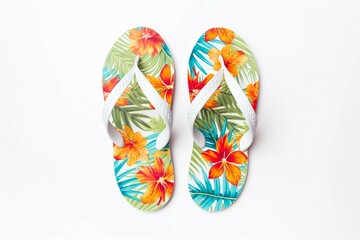 Tropical Flip Flops, Isolated white background, flat lay 