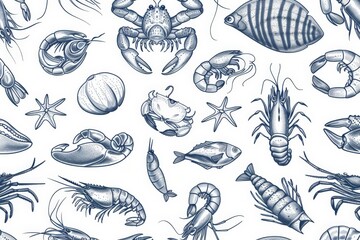 Obraz premium Seafood Pattern: A Delicious Illustration of Marine Life