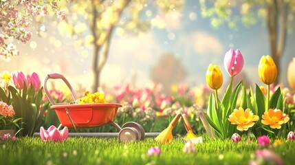 Spring garden with tulips, wheelbarrow, and gardening tools.