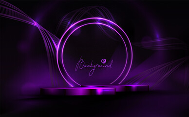 Purple illustration with round frame and podium and ribbons.