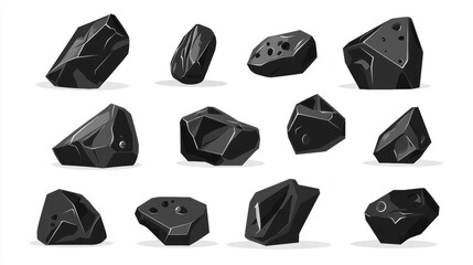 Naklejka premium Collection of Black Rocks, Stones, Gems, Minerals - Isolated on White Background