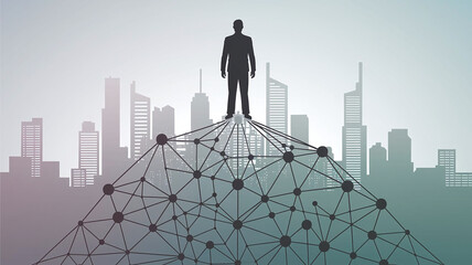 Illustration of a person silhouette transforming into interconnected roots and network branches symbolizing company growth, leadership, teamwork, and business expansion with modern background. 