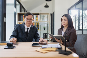 Lawyer or judge consult, lawyers discussing about contract and agreement concept.