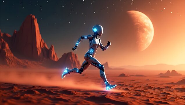 Futuristic robot running on a desert-like Mars planet under a starry sky.