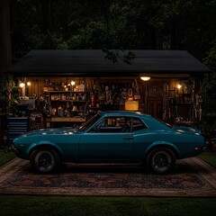 Fototapeta premium Classic Car in Rustic Garage at Night