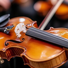 Fototapeta premium Closeup of a Polished Violin with Bow and Bridge