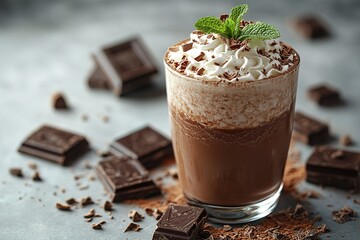 A glass of chocolate milk with whipped cream and chocolate chips on the table