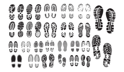 Collection of diverse shoe print silhouettes in black, featuring various sole patterns and footwear designs. Fo design projects, signs, and creative visuals. Shoe, Print, Footwear, Silhouette, Pattern