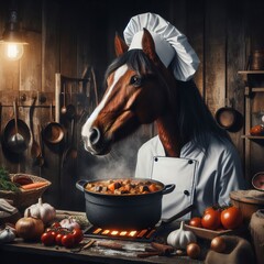 302 A Mustang horse in a chef's uniform preparing a hearty stew