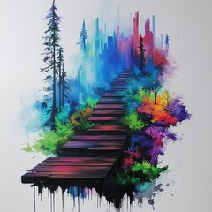 Colorful Cityscape Stairway to a Vibrant Forest