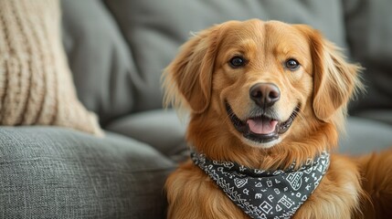 Charming Golden Retriever with Bandana Relaxing on Cozy Couch in Modern Living Room, Capturing Heartwarming Pet Moments and Joyful Canine Expressions