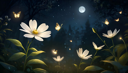 There is a white flower with butterflies flying around it and it is evening and fireflies are shining and the night is about to spread.
