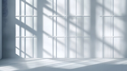 Soft sunlight casts elegant shadows across a paneled white wall, creating a minimalist, clean, and airy architectural background..
