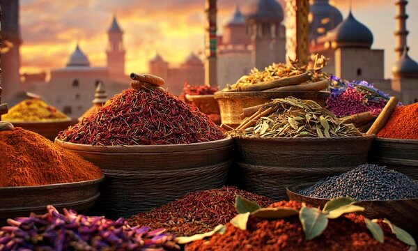 Vibrant Spices at Sunset in a bustling Middle Eastern Market