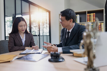 Lawyer or judge consult, Businessman and woman lawyers discussing about contract and agreement concept.