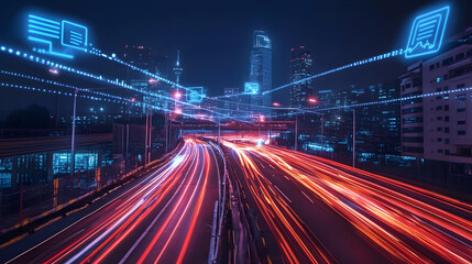 A city street with a lot of traffic and a lot of lights. The lights are blue and red