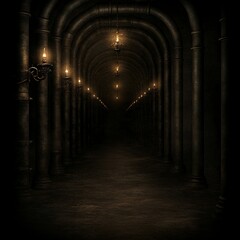 Fototapeta premium Dark Archway Corridor with Glowing Candles and Lanterns