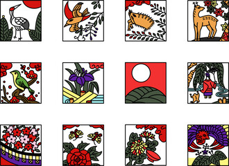 12種類のカラーシンプル正方形花札アイコンセット