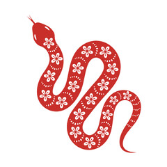 Obraz premium Red twisted snake with floral ornament. Hand drawn vector illustration in asian style.