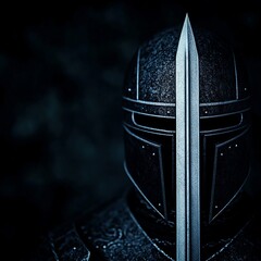 Obraz premium Dark Knight's Steel Helmet and Sword Closeup