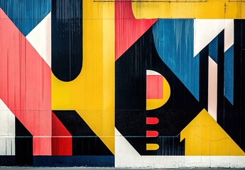 Naklejka premium Abstract geometric mural, with bold lines and shapes in primary colors on an urban wall.
