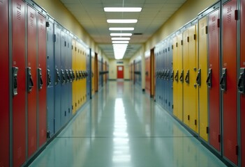Empty School Corridor Featuring Brightly Colored Lockers: An Ideal Setting for Educational Imagery