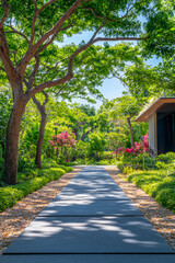 Fototapeta premium Lush garden pathway surrounded by vibrant greenery and blooming flowers in bright sunlight
