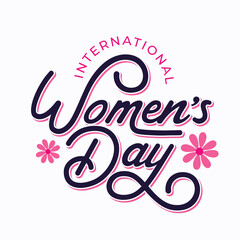 Happy Women's Day text design with flowers vector illustration. 8 March international Women's Day poster, banner, greeting card, wallpaper. Woman Day logo, sticker, label, badge, tags.