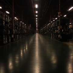 Fototapeta premium Dark Warehouse Interior with Rows of Stacked Goods at Night
