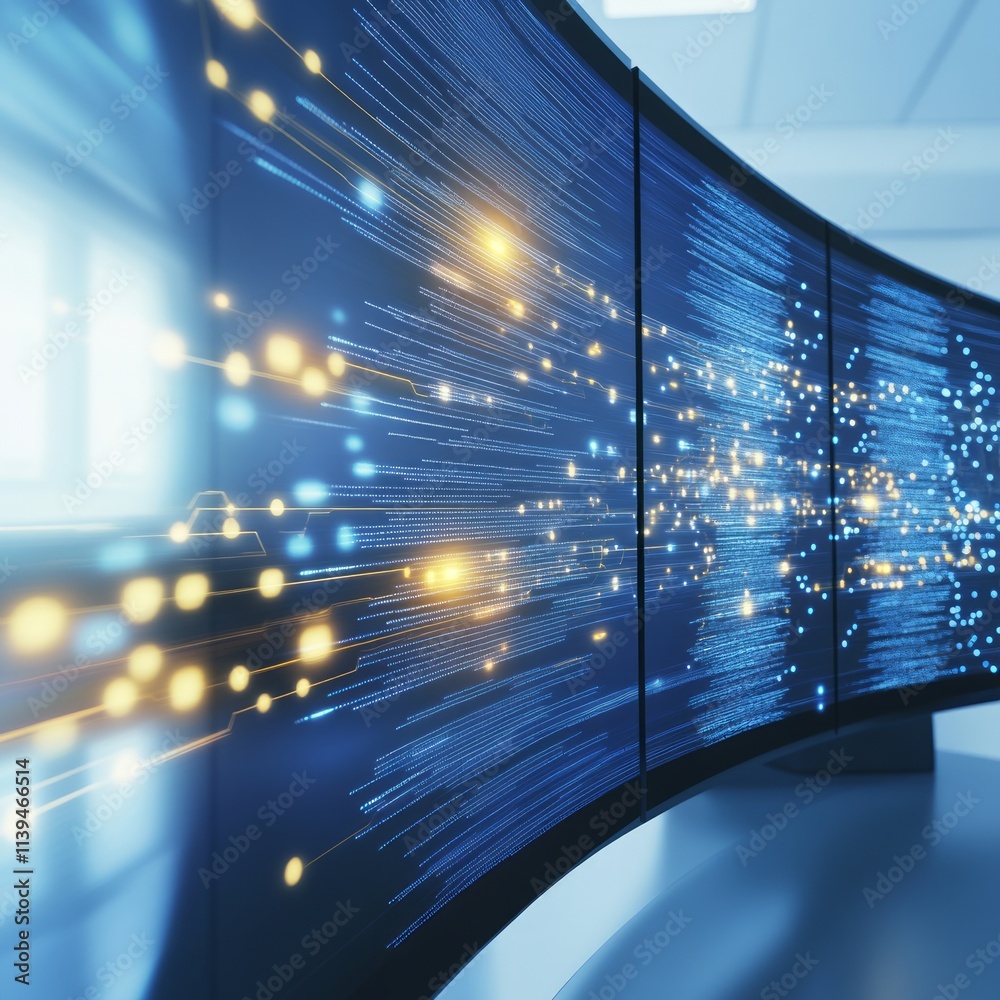 Poster data streams flowing across curved screens displaying digital information