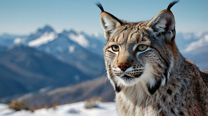 Obraz premium Lynx in the Wild: A majestic lynx surveys its domain, gazing out from a snowy mountain peak, with a backdrop of majestic peaks.